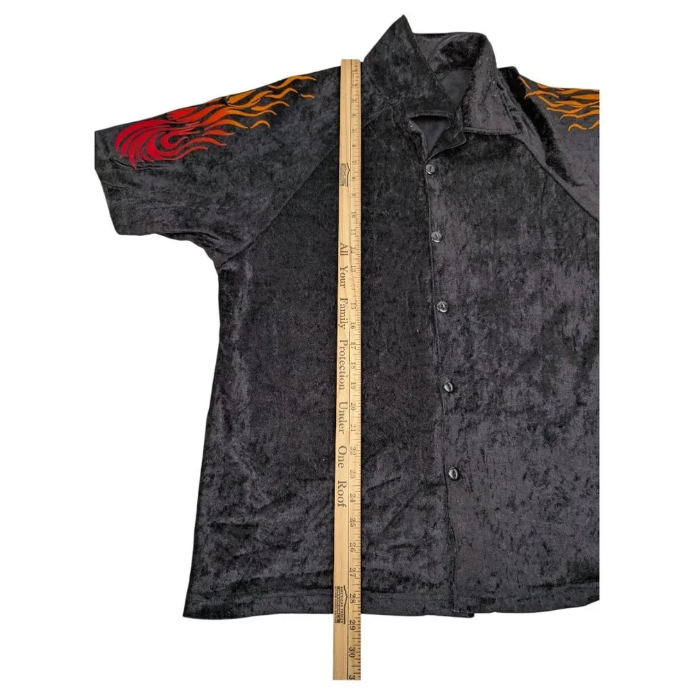 Vintage Y2K Crushed Velvet Button‎ Down Flame Shirt Size Medium
